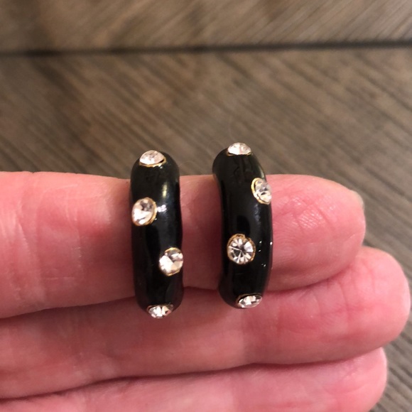Vintage Black Enamel & Rhinestone Half Hoops - Picture 5 of 13